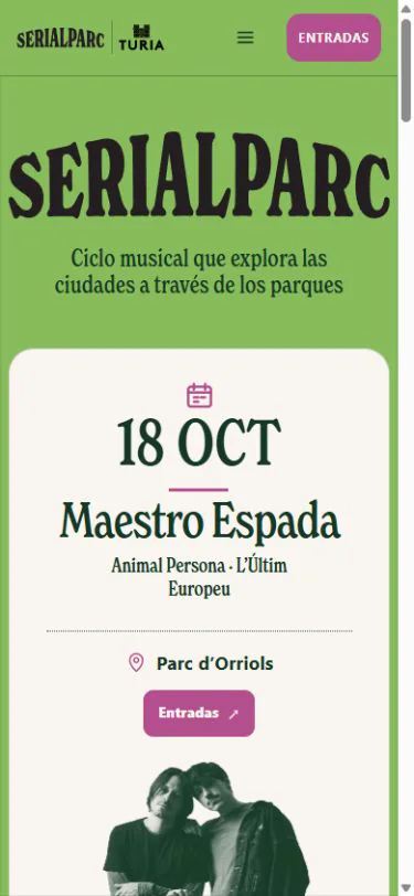 Versión móvil de Serialparc 2026 con el primer concierto y el acceso a entradas